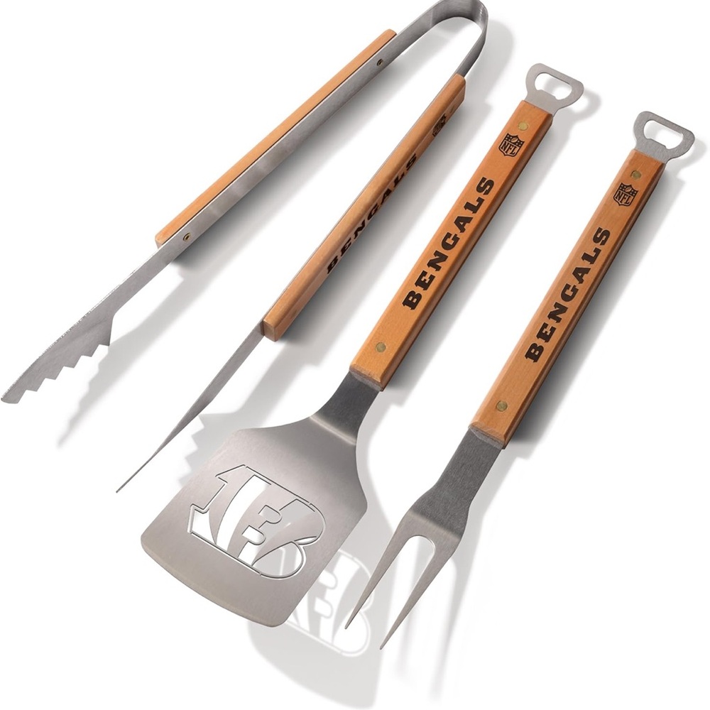 NFL Bengals Silver and Wood BBQ Utensil Set